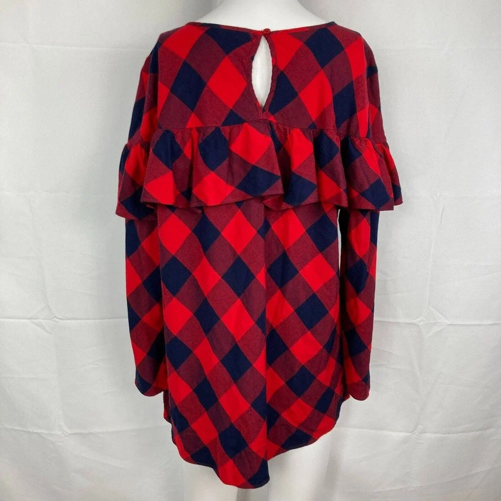 Crown & Ivy Shirt Womens Sz L Red Navy Blue Buffalo‎ Plaid Long Sleeve Ruffle